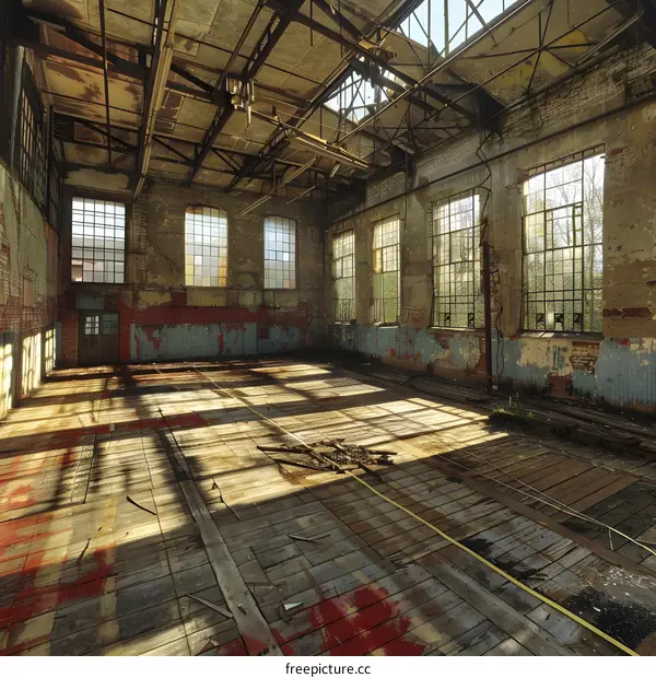 Abandoned Industrial Building with Sunlight Streaming Through Windows