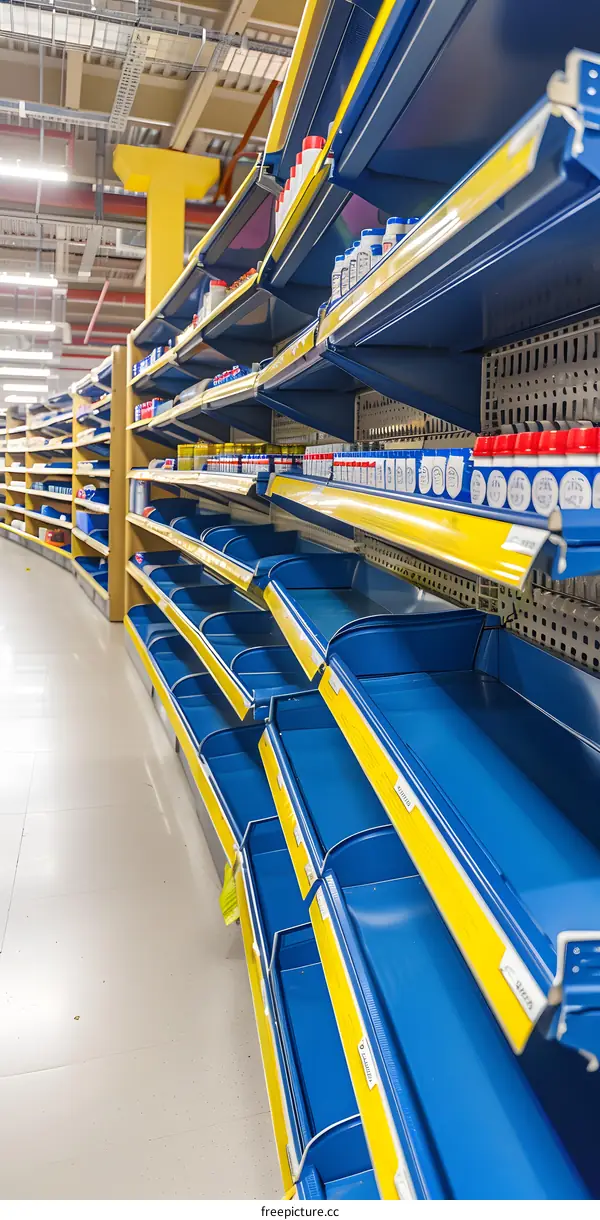 Empty Supermarket Shelves With Blue And Yellow Colors