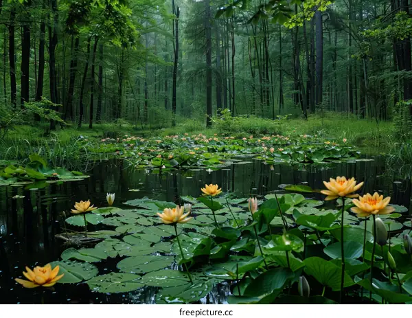A pond surrounded by trees and filled with water lilies