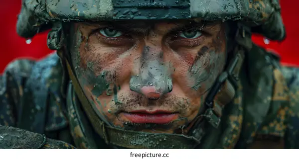 Portrait of a soldier with face paint closeup