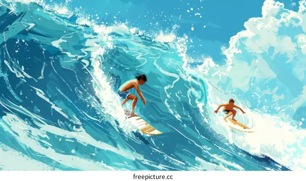 Two Boys Surfing the Big Waves
