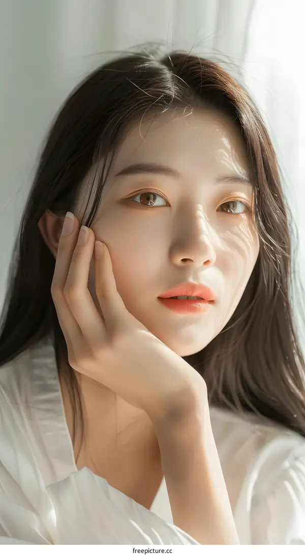 Beautiful Asian Woman with Long Black Hair Posing in the Sunlight