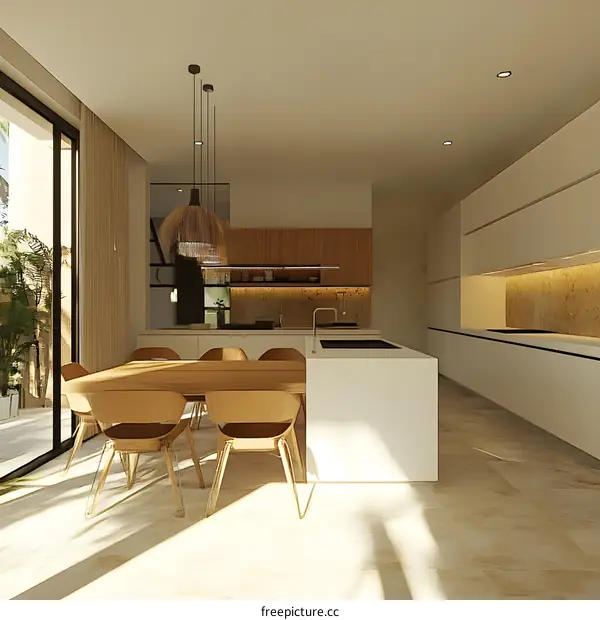 Modern Minimalist Kitchen Design With Wooden Table And Chairs