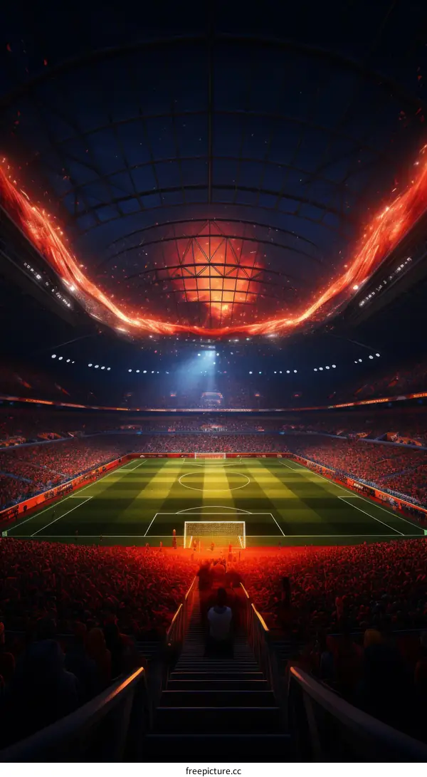 A soccer stadium full of people with a bright light shining down on the field