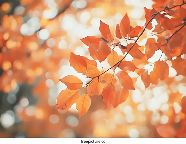 Autumn Leaves Branch Sunlight Blurred Background