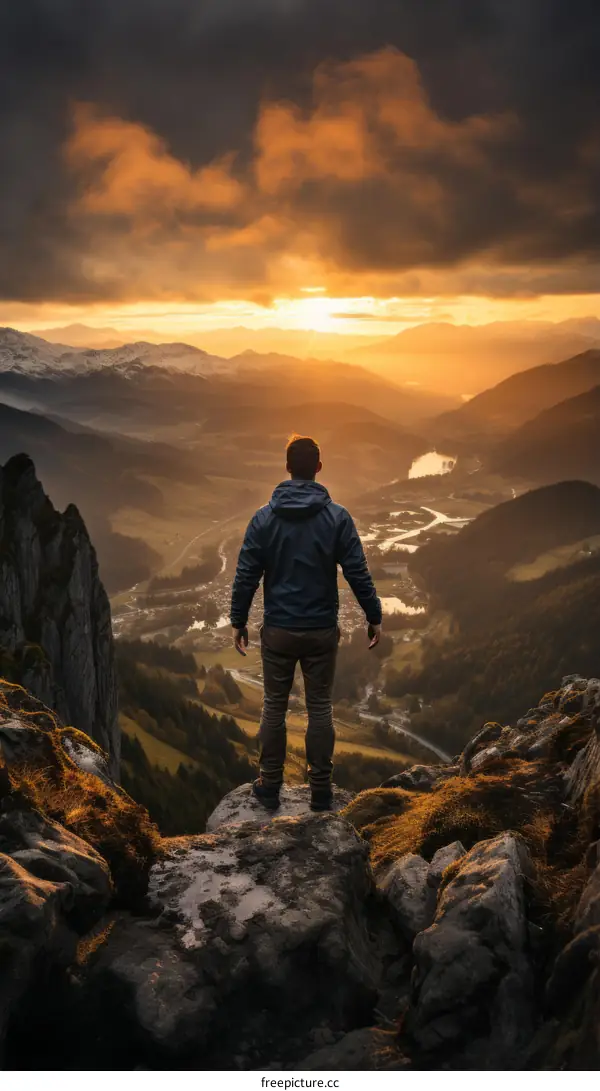Man standing on a mountaintop overlooking a valley at sunset