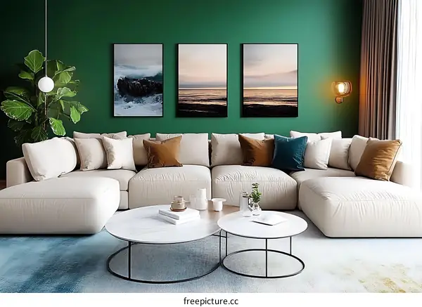 Modern Living Room with Sectional Sofa and Green Wall