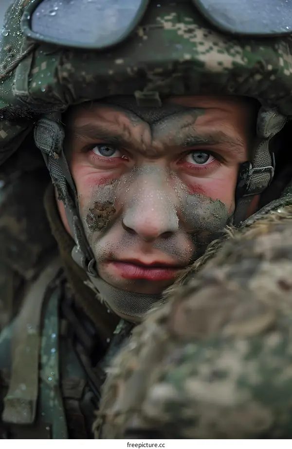 Close Up Portrait of a Soldier Wearing Camouflage