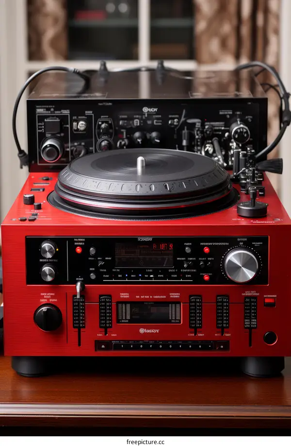 Red and black turntable and audio mixer