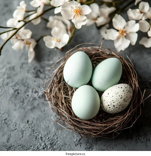 Pastel Eggs in a Nest with Spring Blossoms