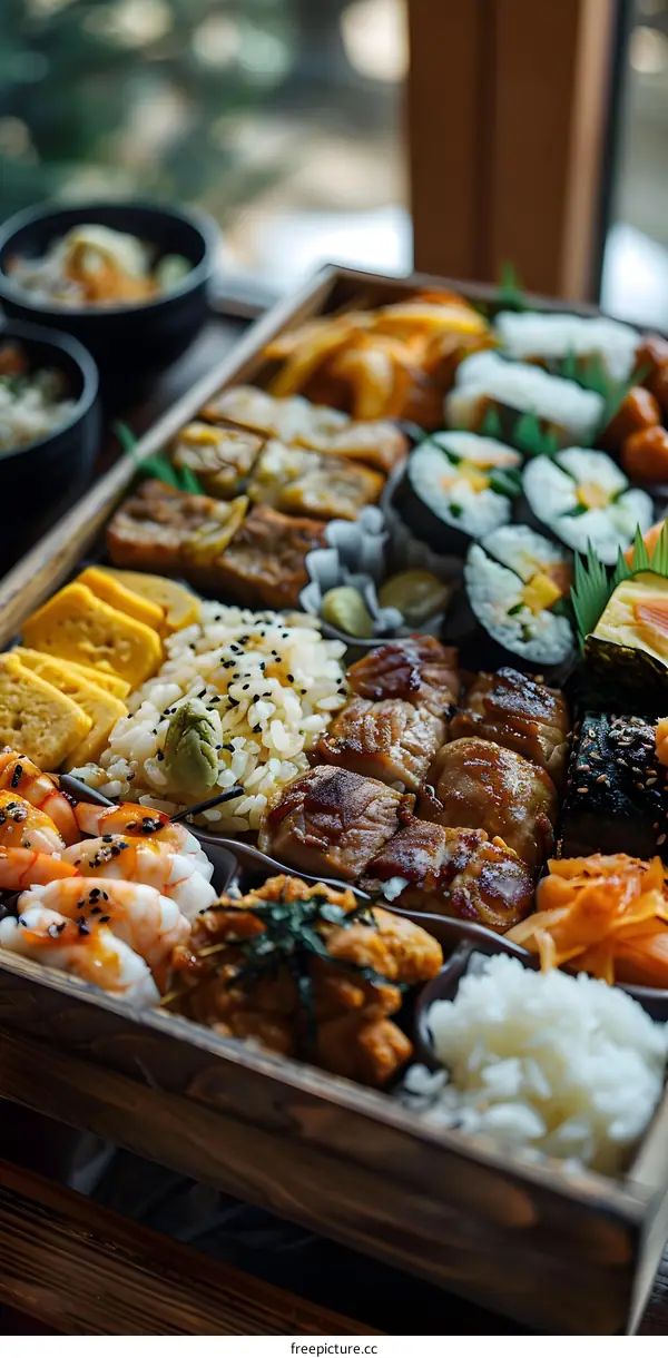 A delicious and healthy Japanese bento box with a variety of dishes including sushi, sashimi, and tempura