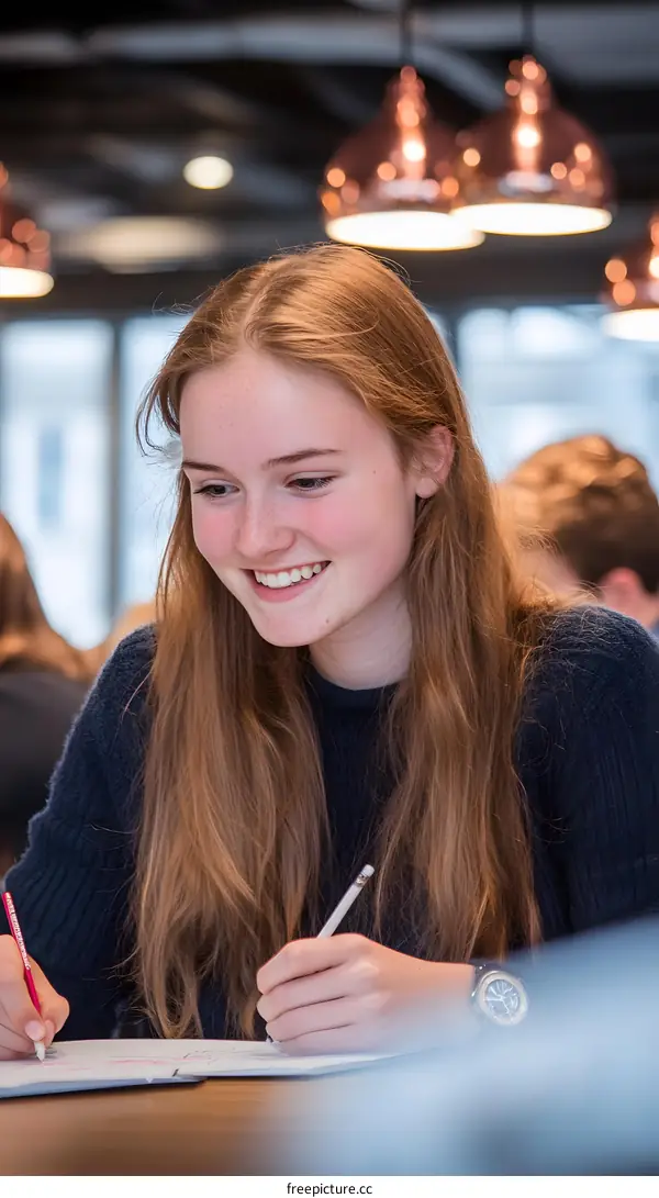 Smiling Young Woman Sitting at a Desk Writing with a Pencil