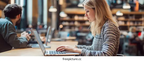 Young Woman Using Laptop in Library