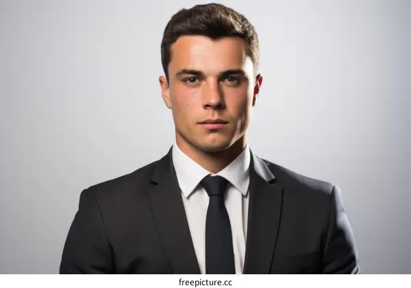 Headshot of a young professional man in a suit and tie