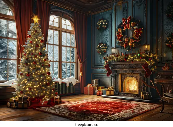 Christmas Tree by the Fireplace with Presents