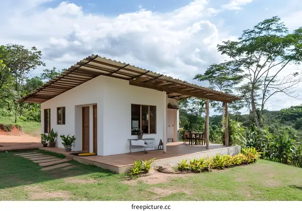 Modern Minimalist White House with Wooden Roof and Porch