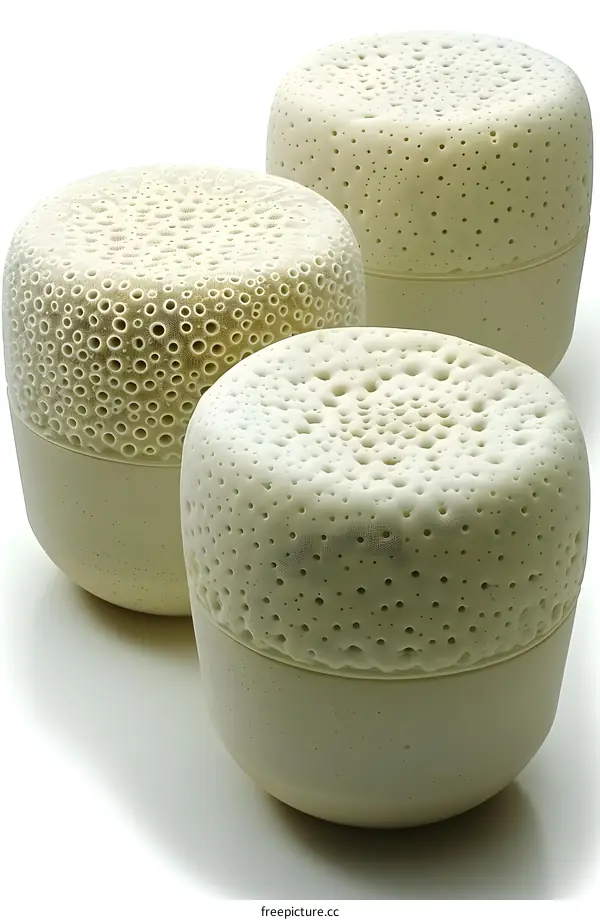 Three white ceramic containers with a rough surface and many holes