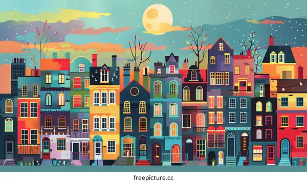 Colorful Illustration of a Nighttime Cityscape with Houses and Moon
