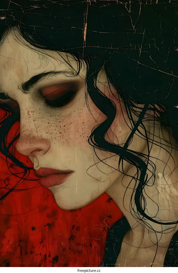 An illustration of a dark-haired woman with red lips and freckles on her face
