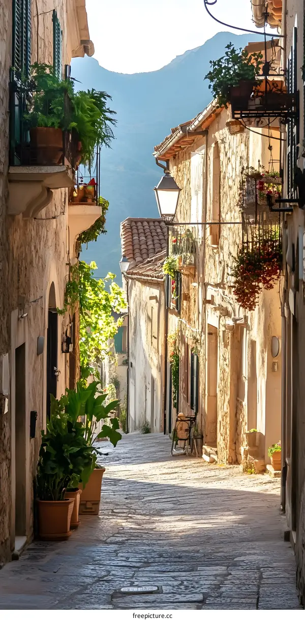 Stone Streets of an Italian Village With Mountain Views
