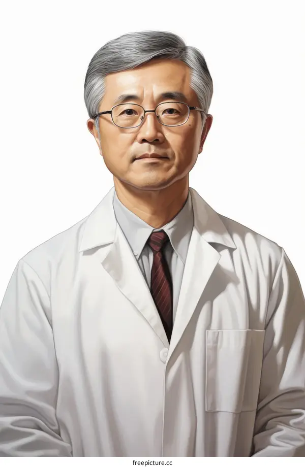 Portrait of a male doctor in a white coat and glasses