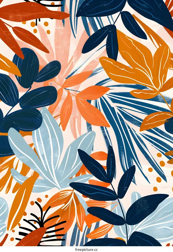 Abstract Tropical Leaves Pattern With Orange Blue Green Tones