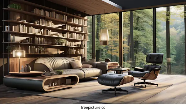Modern Living Room Interior with Large Windows Overlooking a Forest