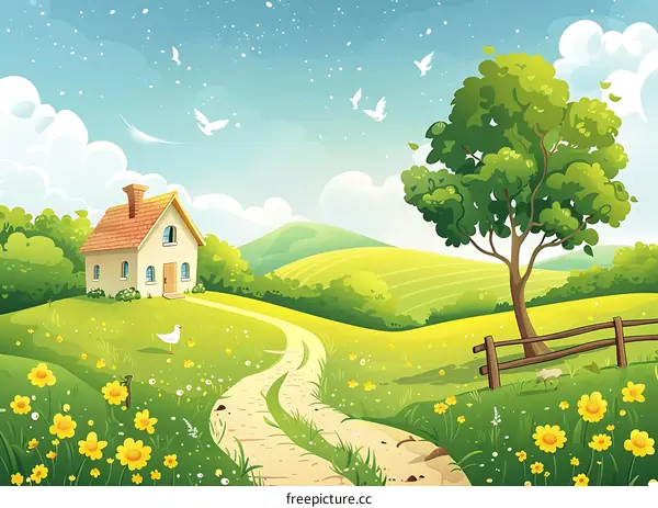 Cartoon House in Green Hills with Yellow Flowers