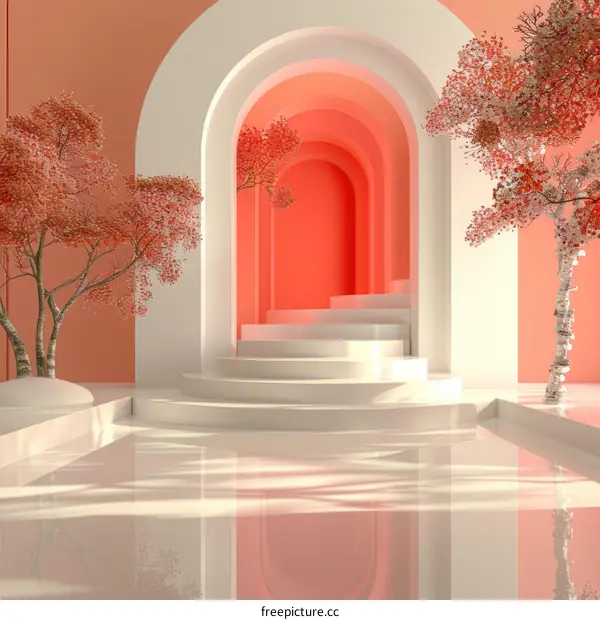 Pink and white podium with pink trees