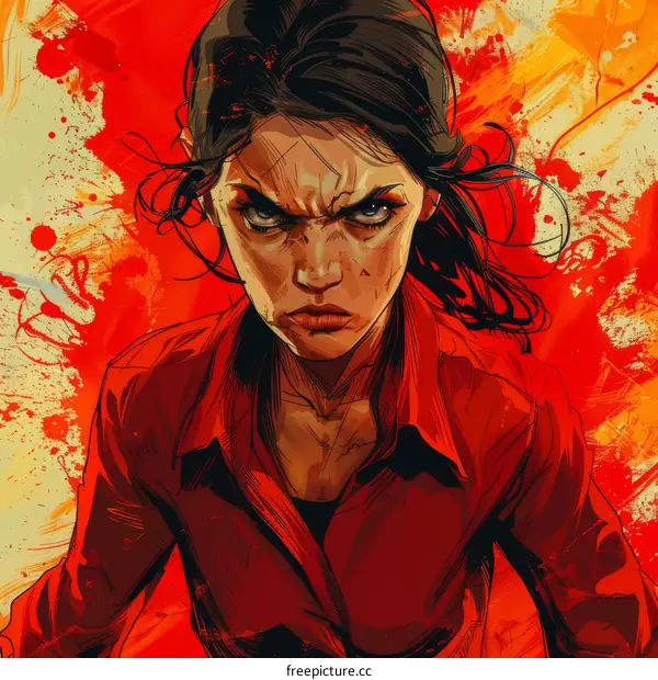 Portrait of a determined young woman with dark hair and red shirt