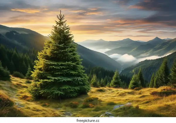 A Lonely Pine Tree Welcomes a Majestic Mountain Sunrise