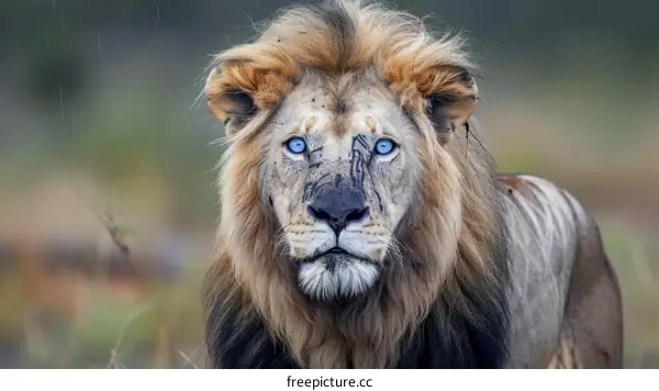 Blue-eyed lion staring into the camera