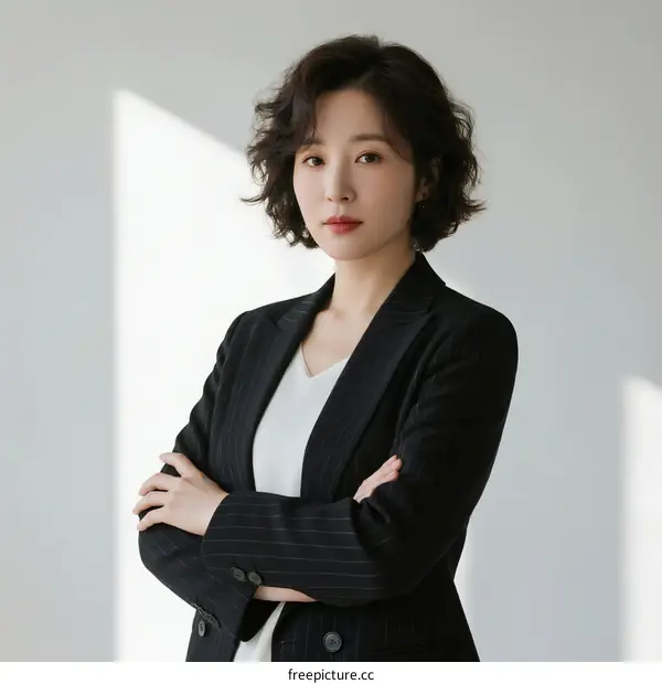 Professional woman in a black pinstripe suit with arms crossed