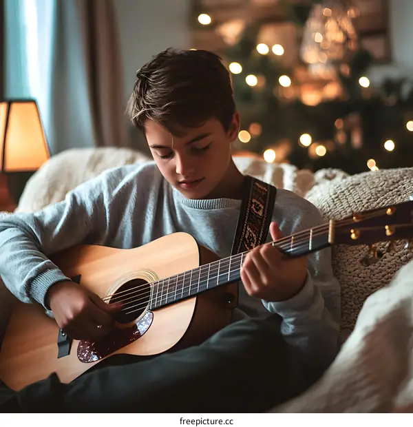 Young Man Playing Acoustic Guitar During Christmas Time