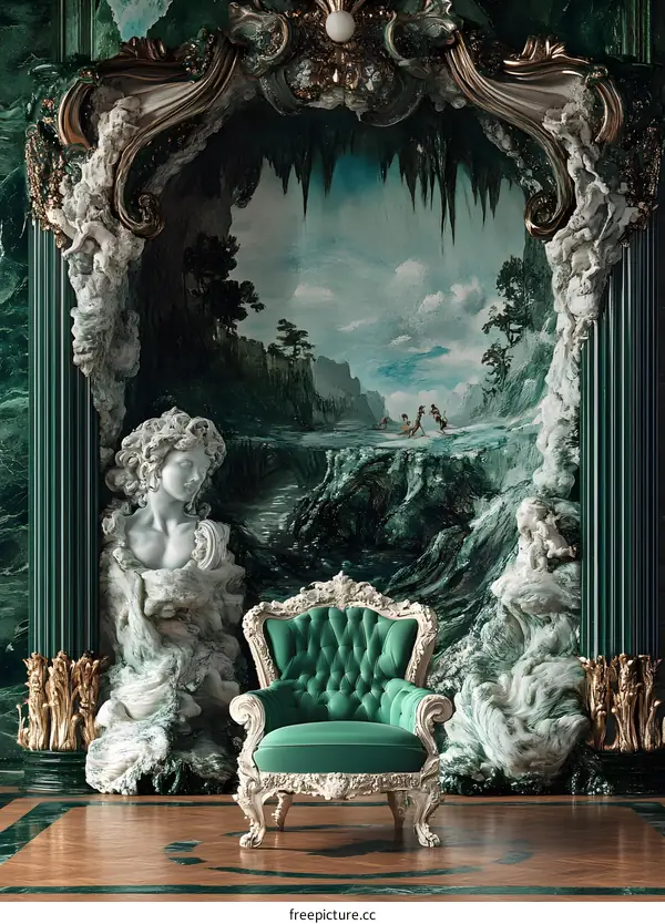 Green and White Interior Design with a Painting of a Landscape