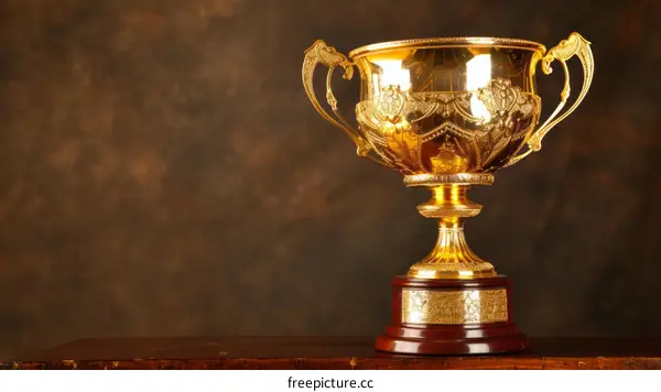 ornate gold trophy on a wooden table against a dark background