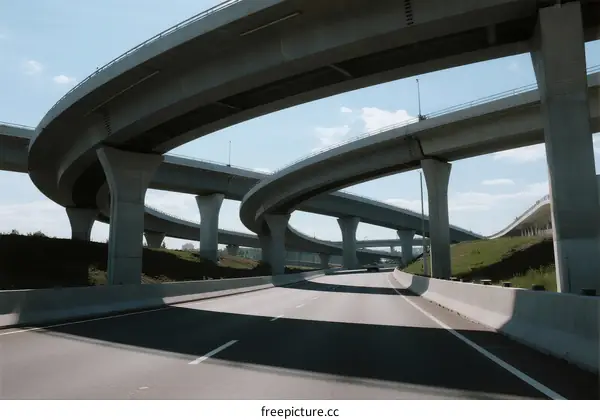 Complex highway overpass structure with multiple curved ramps