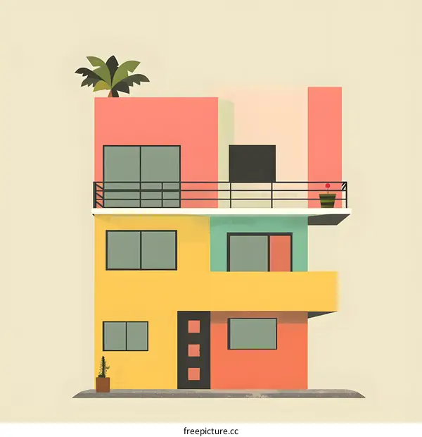 Modern Colorful Building with Palm Tree and Balcony