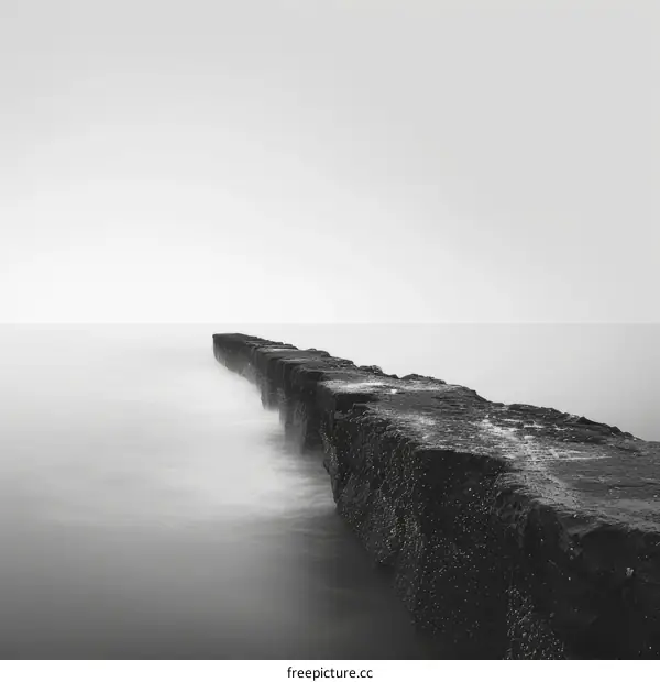 Black and White Photo of a Stone Pier Jutting Out into a Serene Sea