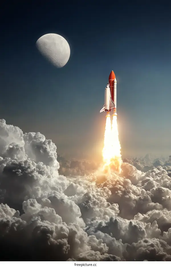 Space Shuttle Launch Above Clouds and Moon