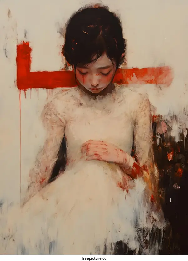 Young Girl in White Dress With Red Abstract Painting