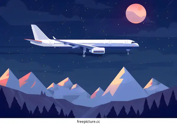 Night Sky Airplane Flying Over Mountains