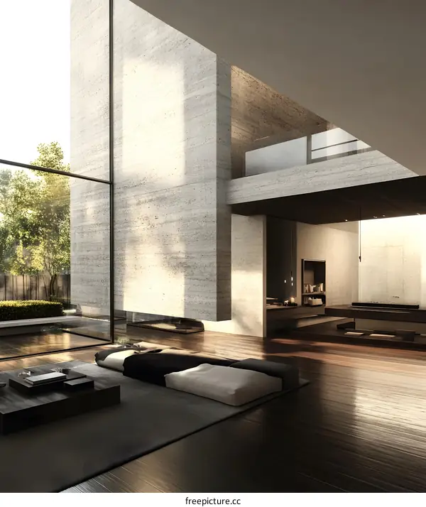Modern Minimalist Home Interior Design with Concrete Walls and Large Windows