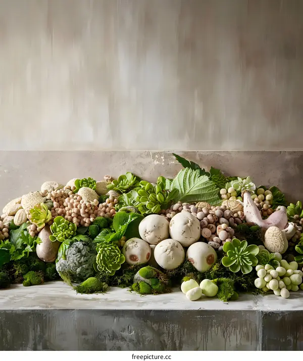 Green and White Still Life with Plants and Stones