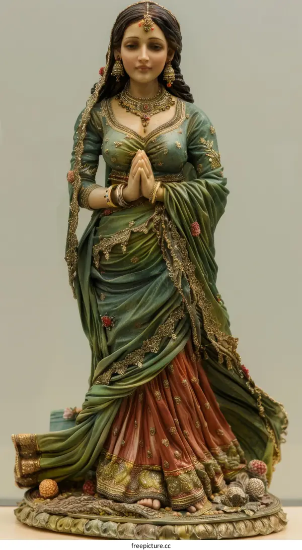 Indian Woman Figurine in Green and Gold Sari