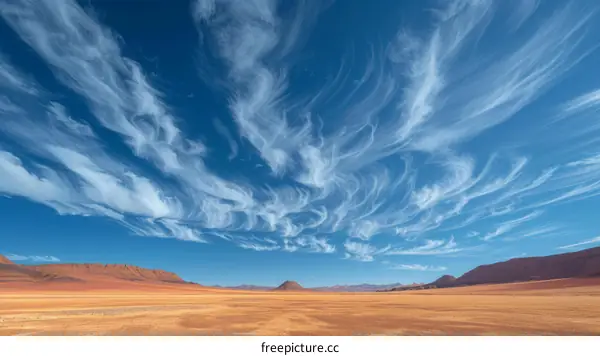 Cirrus clouds over mountains and desert landscape