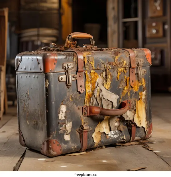 Patina Travel Suitcase with Peeling Paint and Broken Handle