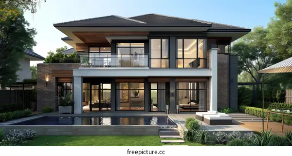 A 3D rendering of a two-story house with a pool