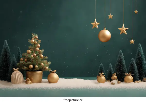 Golden Christmas Decoration Scene with Snow