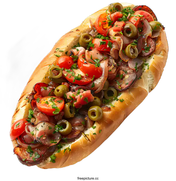 [Transparent Background PNG]A hotdog with tomatoes, onions, and olives on a white background